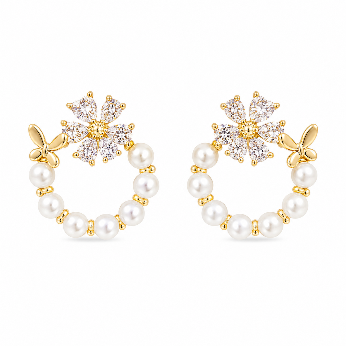 Gold Pearl Floral Hoop Earrings with Butterfly