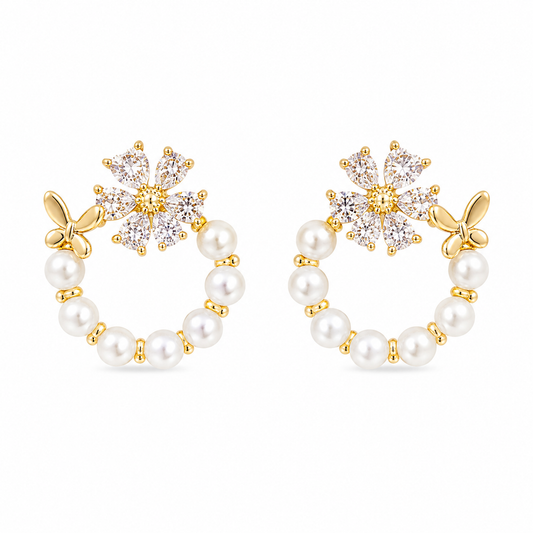 Gold Pearl Floral Hoop Earrings with Butterfly