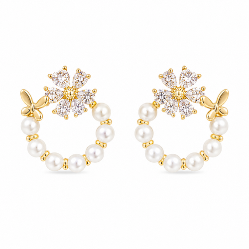 Gold Pearl Floral Hoop Earrings with Butterfly