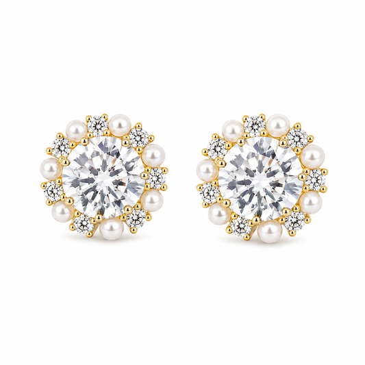 Gold Pearl Halo Crystal Stud Earrings