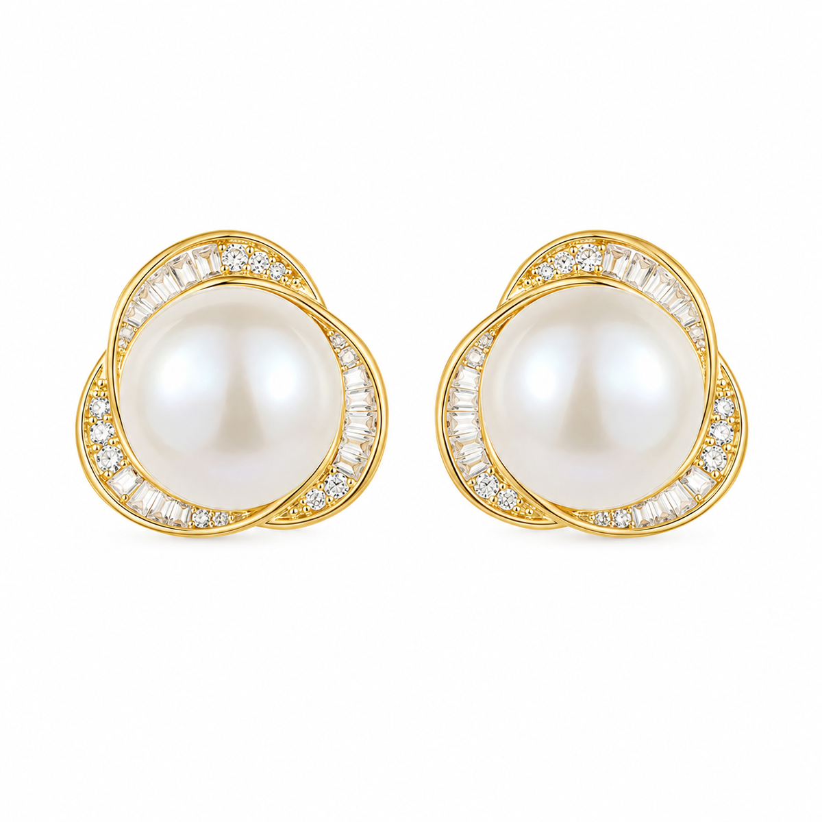 Gold Pearl Halo Stud Earrings with Crystal