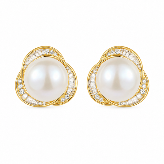 Gold Pearl Halo Stud Earrings with Crystal