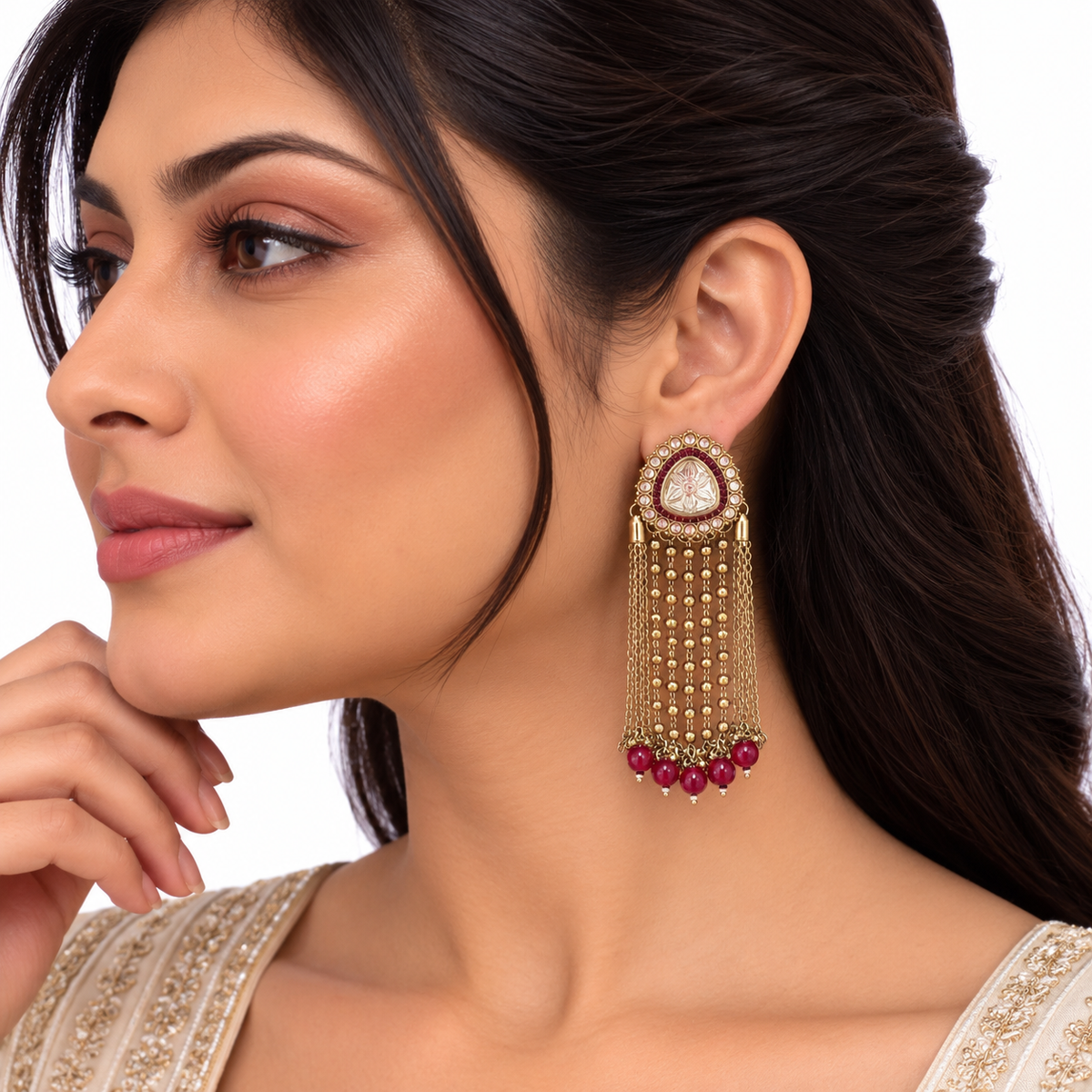 Gold Pink Pearl Beaded Chain Drop Earrings for Women