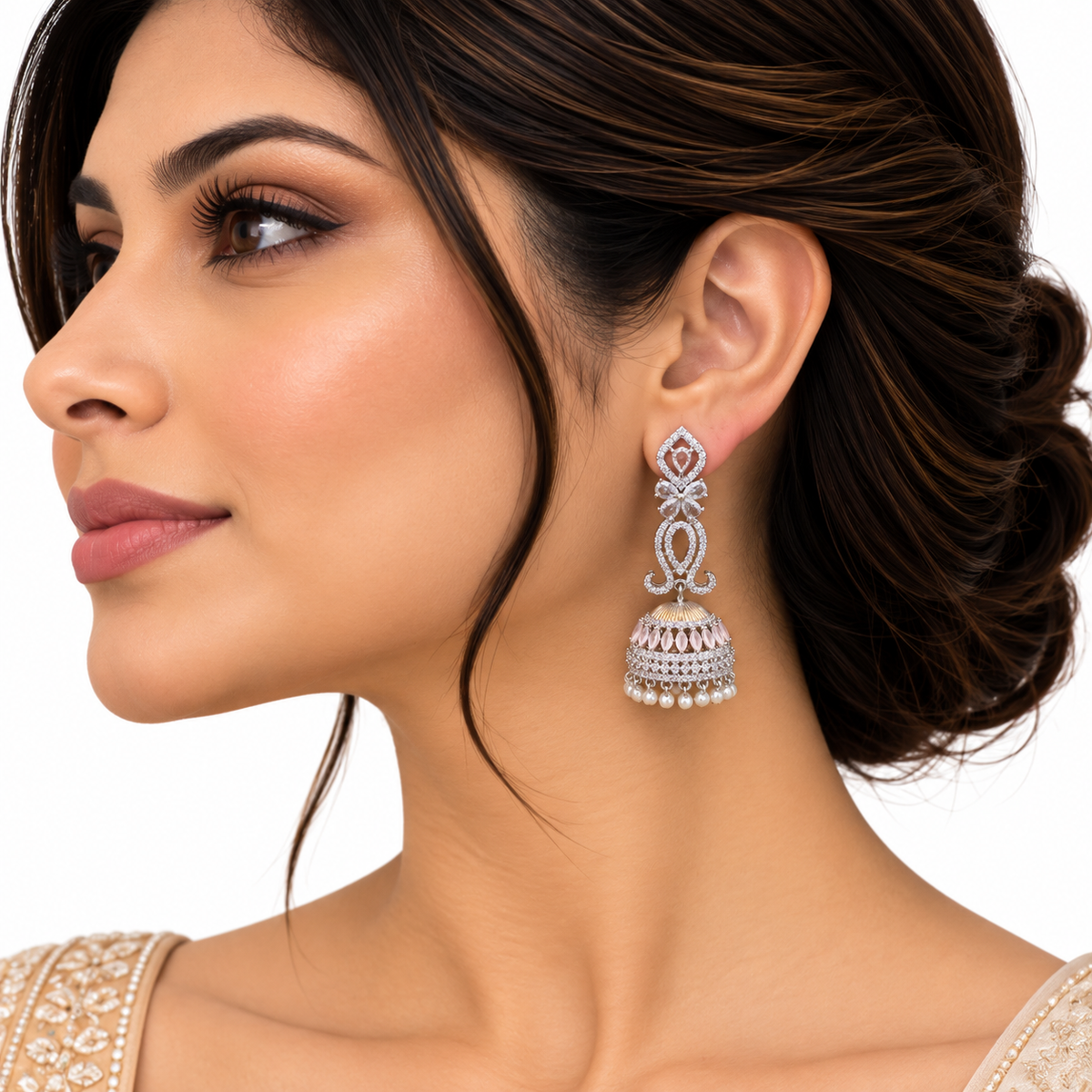 Gold Pink Pearl Jhumka Drop Earrings for Women