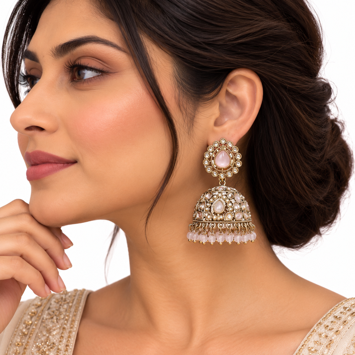 Gold Pink Stone Jhumka Drop Earrings for Women
