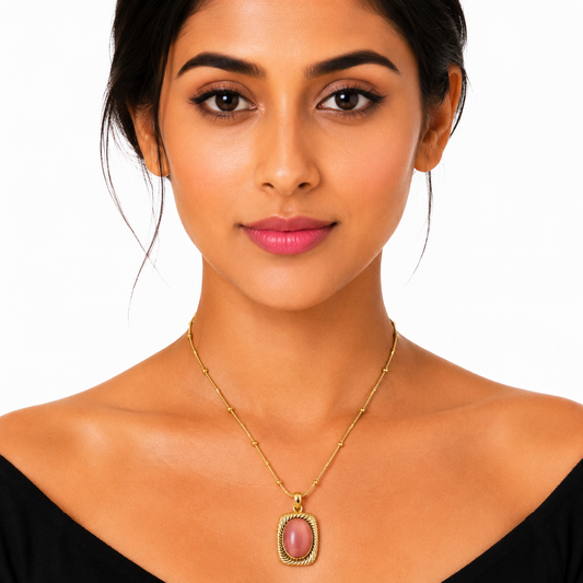 Gold Pink Stone Oval Pendant Necklace for Women