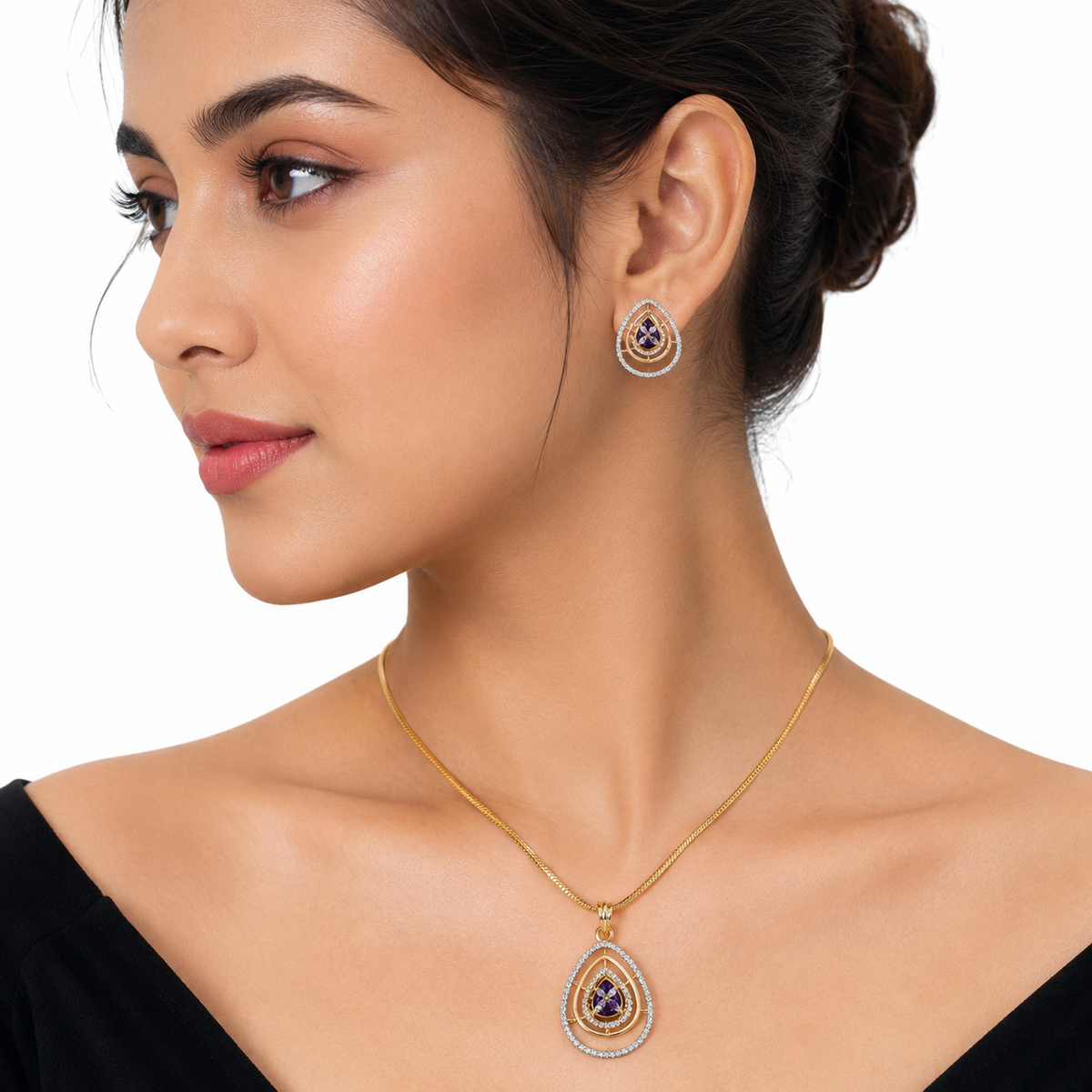Gold Purple Teardrop Pendant Set