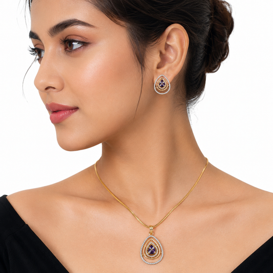 Gold Purple Teardrop Pendant Set