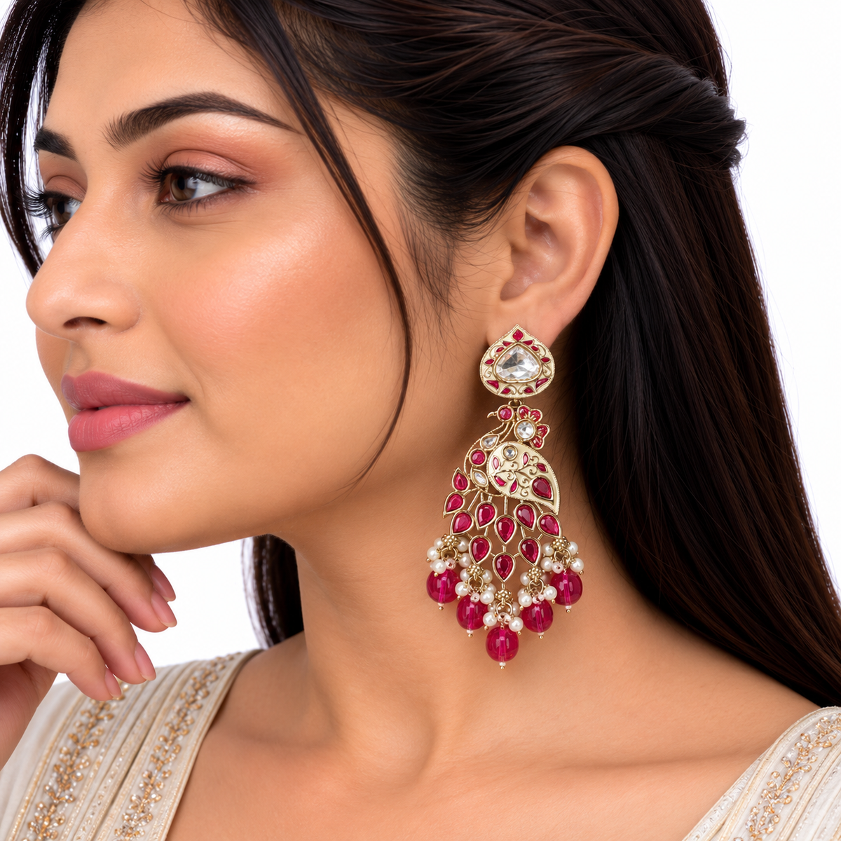 Gold Red Stone Pearl Drop Earrings for Women