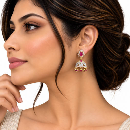 Gold Ruby Crystal Jhumka Drop Earrings for Women