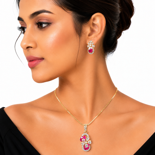 Gold Ruby Floral Teardrop Pendant Necklace Set