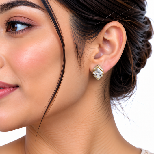 Gold Square Crystal Stud Earrings for Women