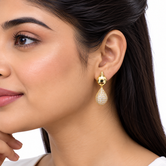 Gold Teardrop Drop Earrings with Crystal Detailing