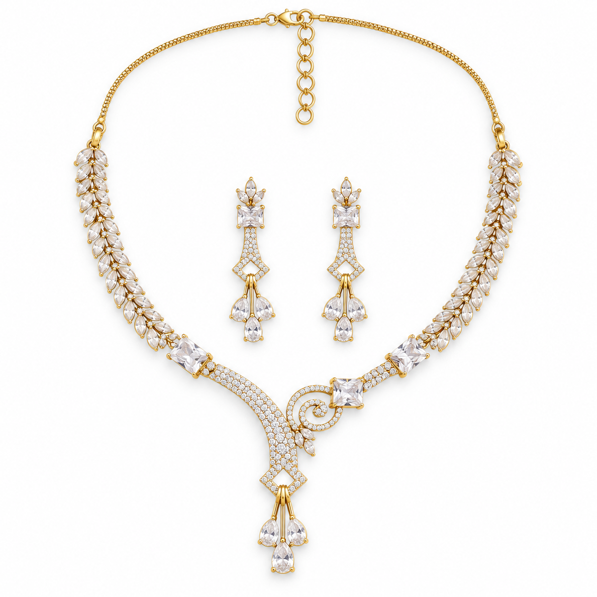 Golden Crystal Vine Necklace Set With Drop Earrings