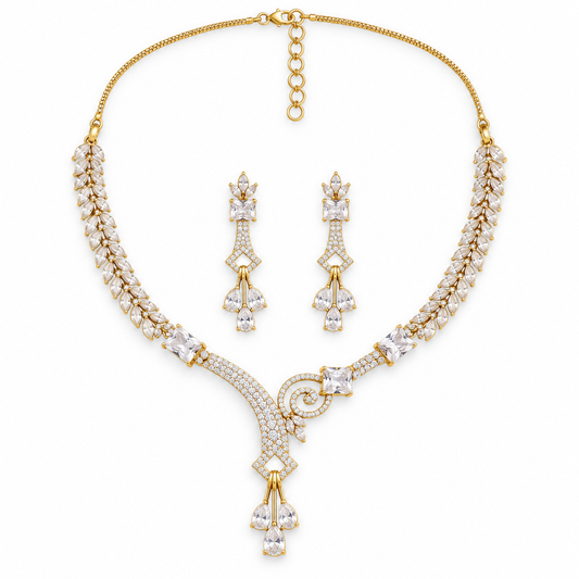 Golden Crystal Vine Necklace Set With Drop Earrings