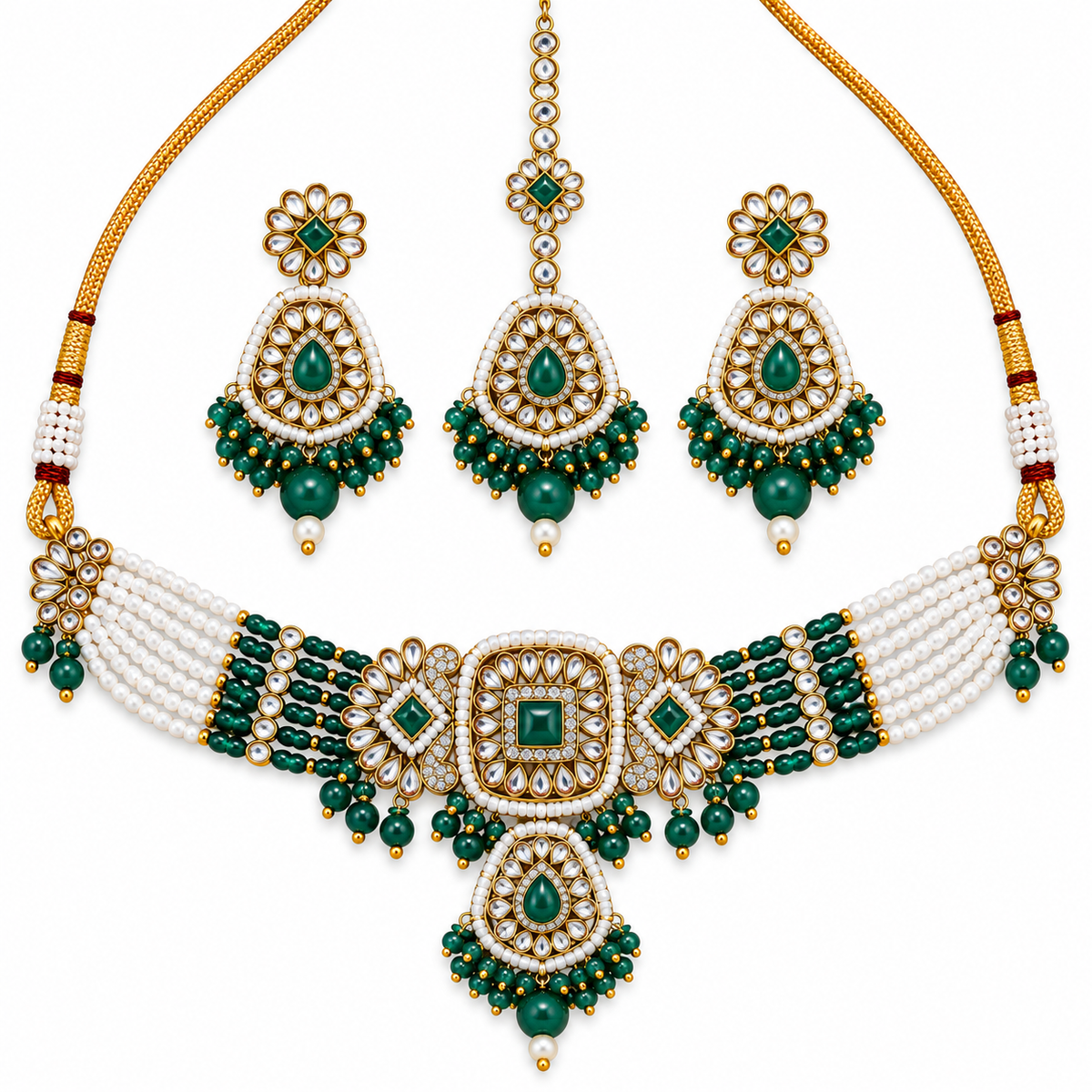 Green Beaded Kundan Choker Necklace Set with Tikka
