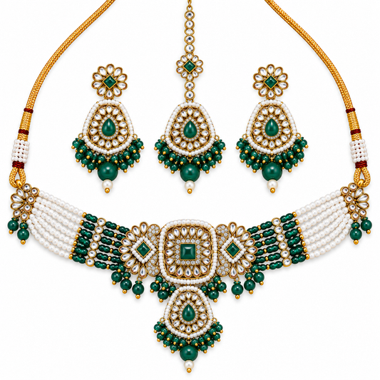 Green Beaded Kundan Choker Necklace Set with Tikka