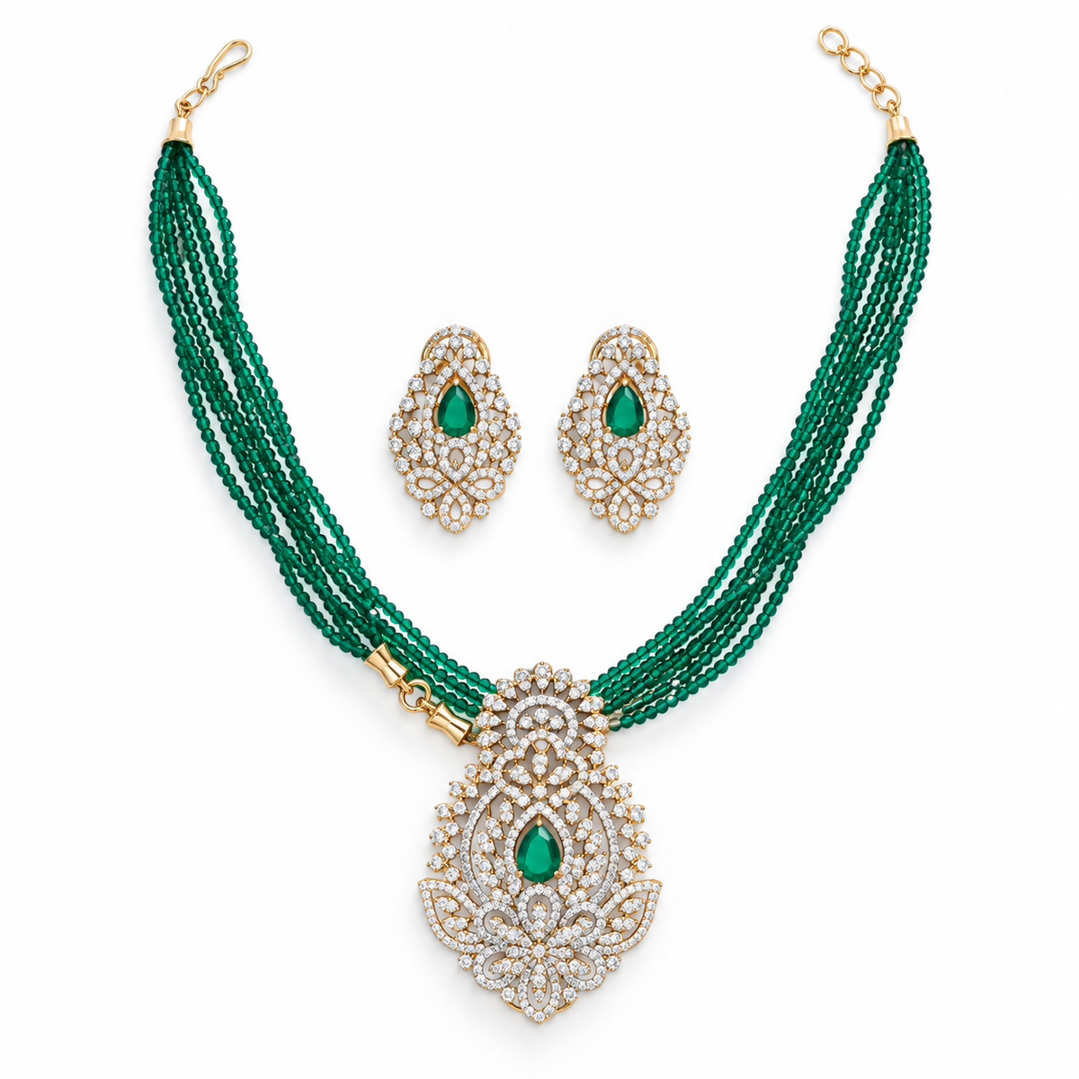 Green Beaded Necklace Set with Emerald Kundan Pendant