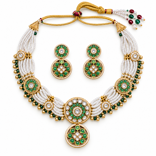 Green Pearl Kundan Necklace Set With Gold Bead Detail