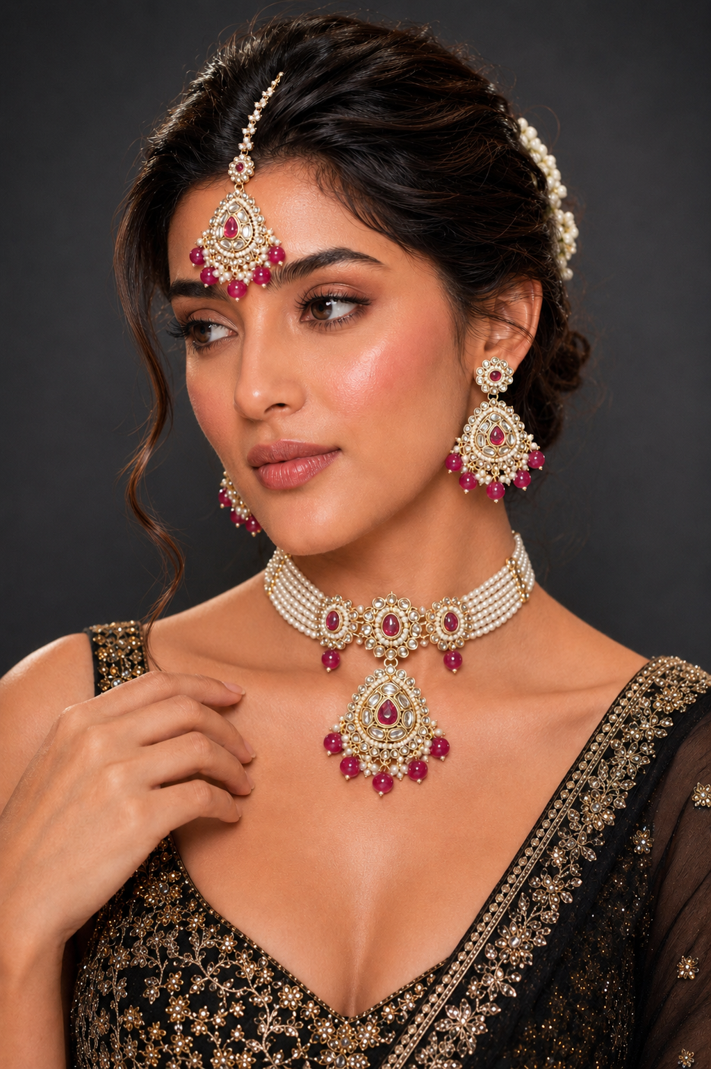 Ankuna Ruby Royale Pearl Bridal Necklace Set