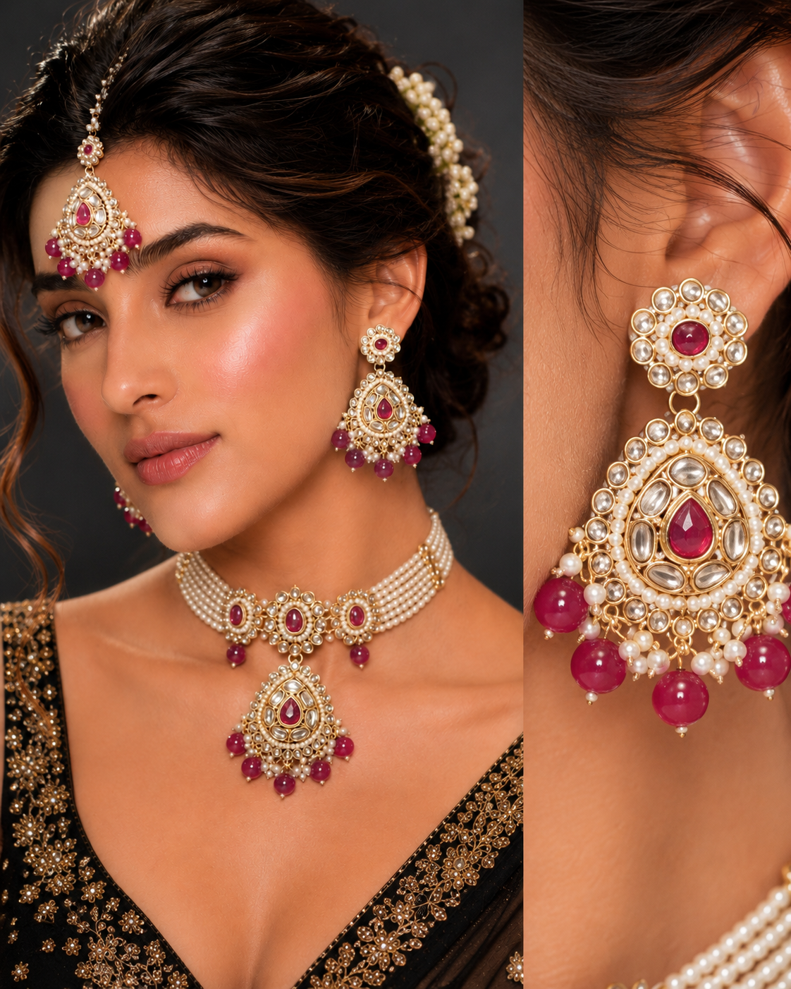 Ankuna Ruby Royale Pearl Bridal Necklace Set