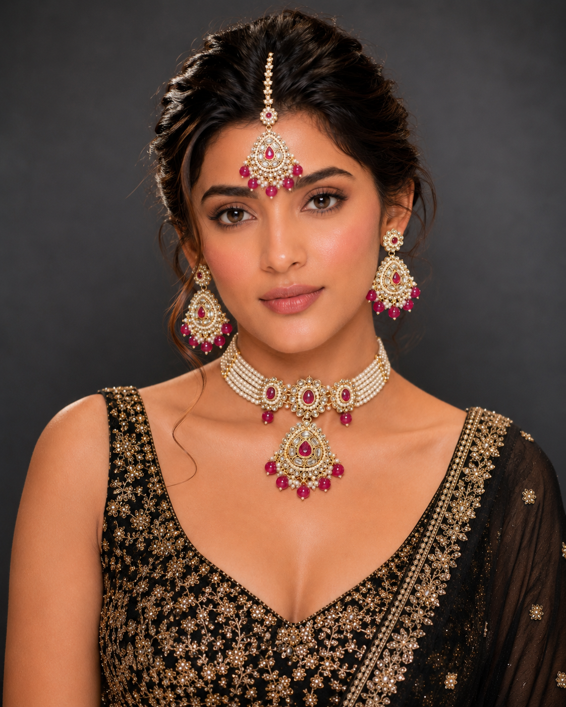 Ankuna Ruby Royale Pearl Bridal Necklace Set