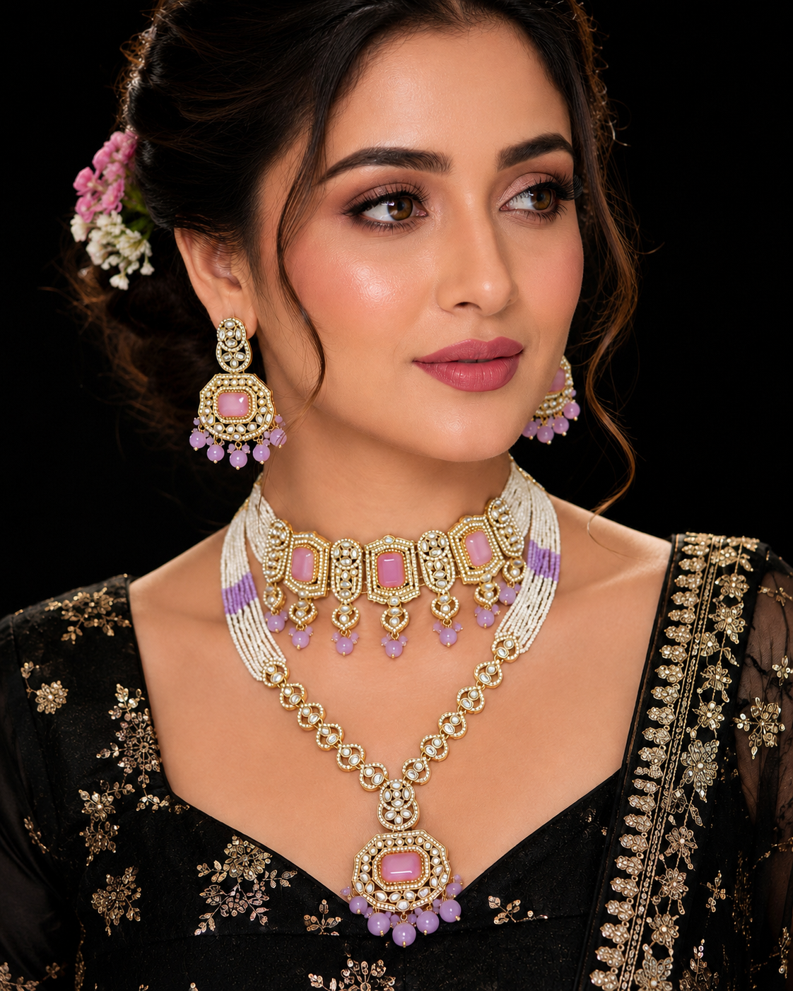 Ankuna Blush Crystal Pearl Layered Choker & Pendant Necklace Set