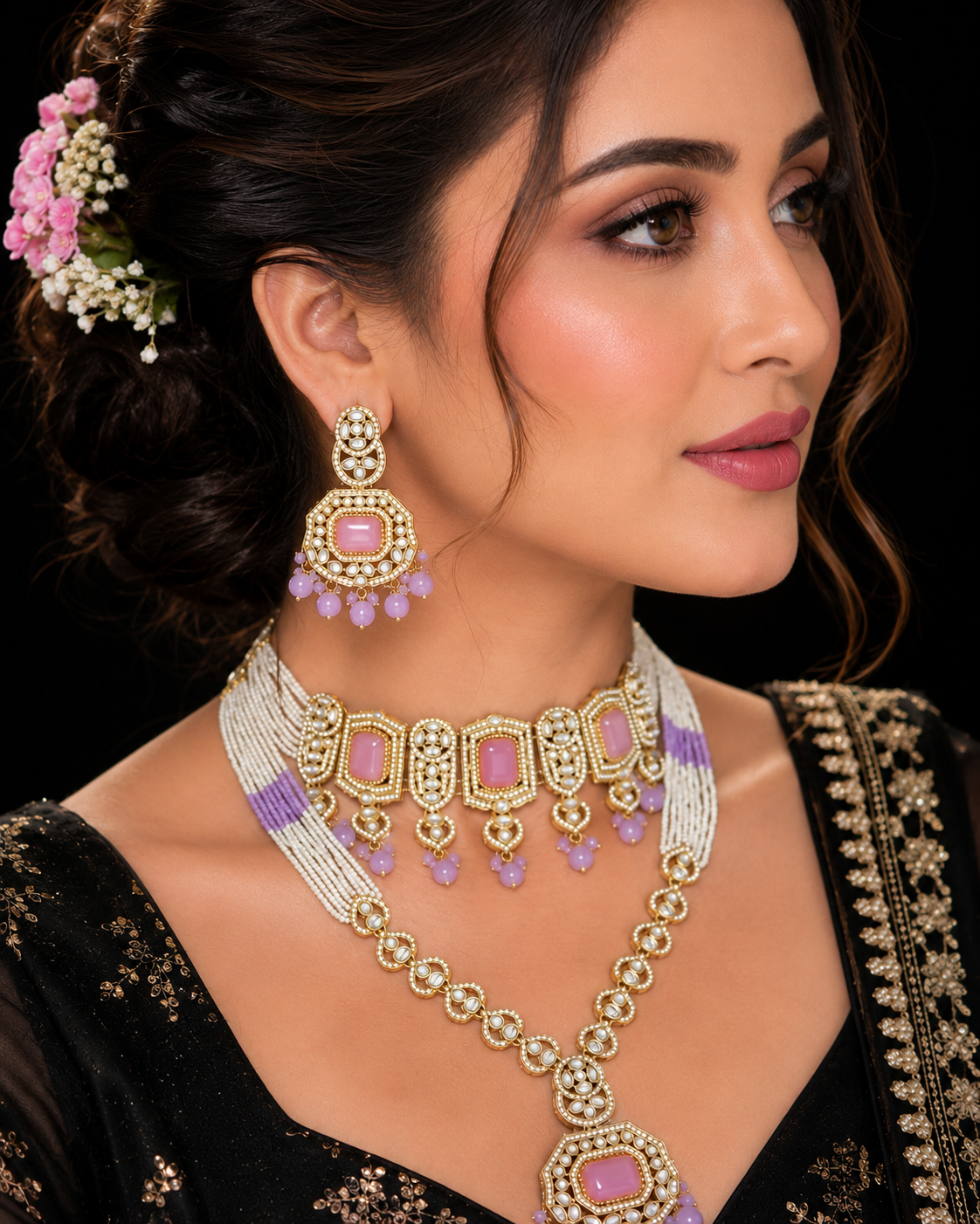 Ankuna Blush Crystal Pearl Layered Choker & Pendant Necklace Set