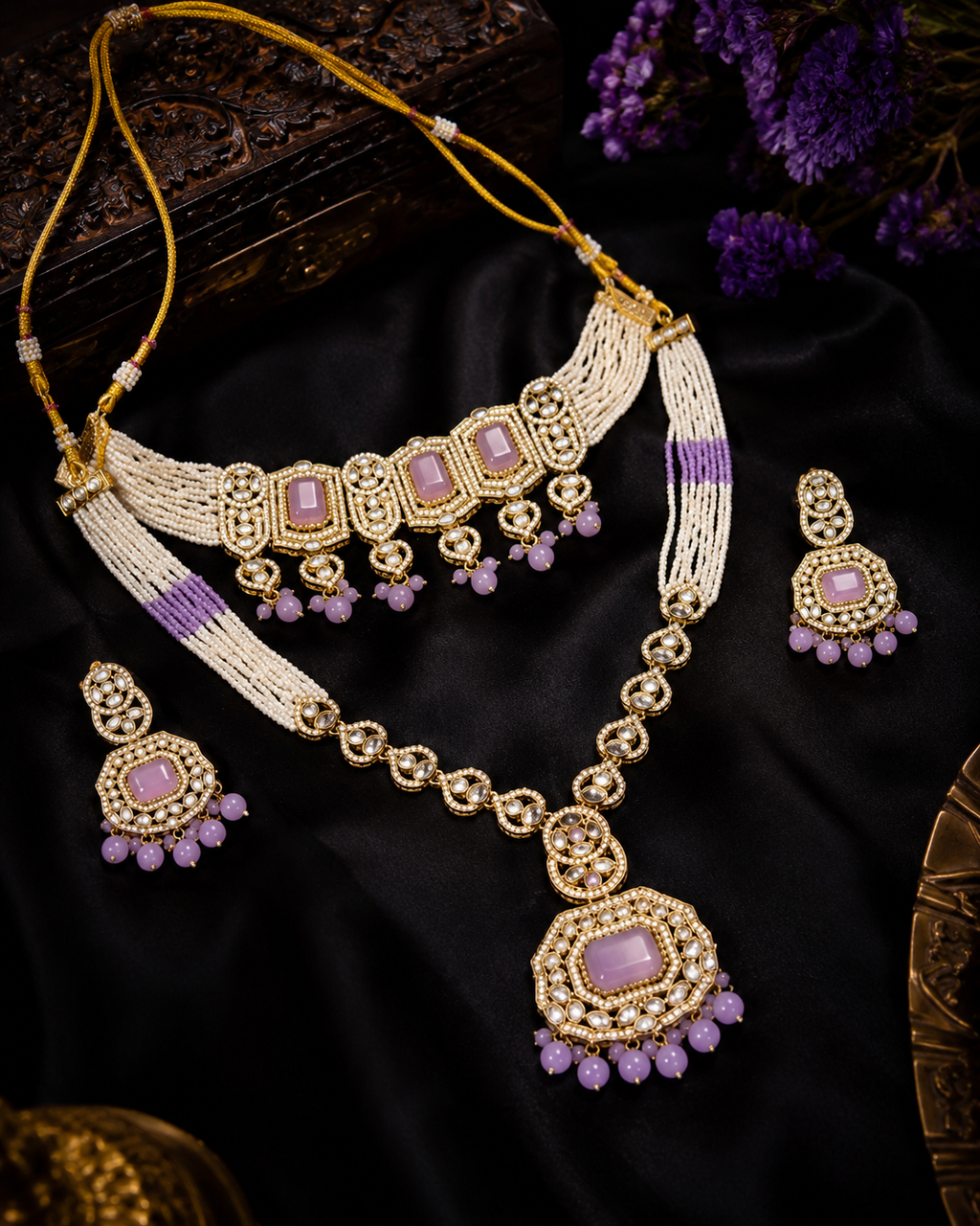 Ankuna Blush Crystal Pearl Layered Choker & Pendant Necklace Set