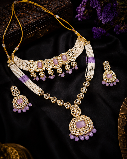 Ankuna Blush Crystal Pearl Layered Choker & Pendant Necklace Set