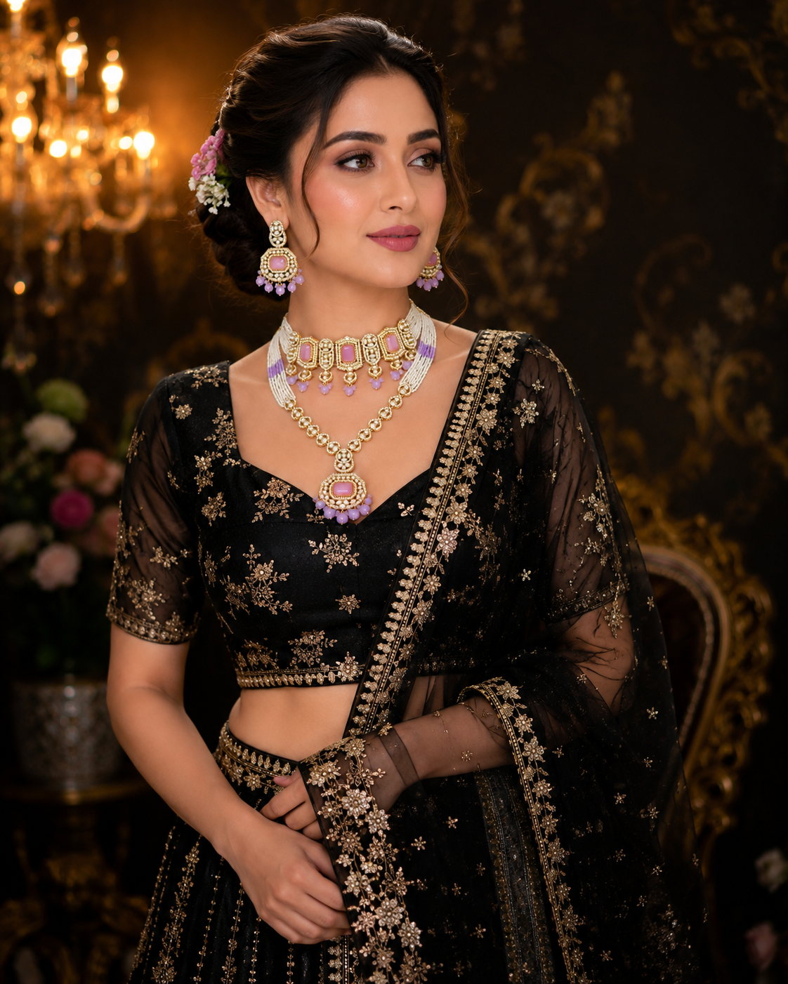 Ankuna Blush Crystal Pearl Layered Choker & Pendant Necklace Set