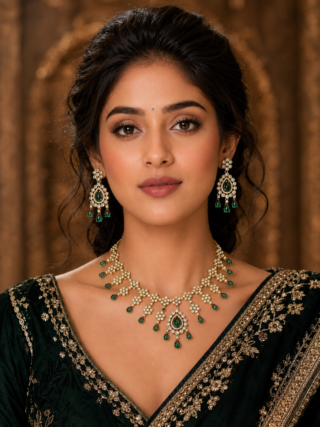 Ankuna Emerald Pearl Teardrop Necklace Set with Earrings