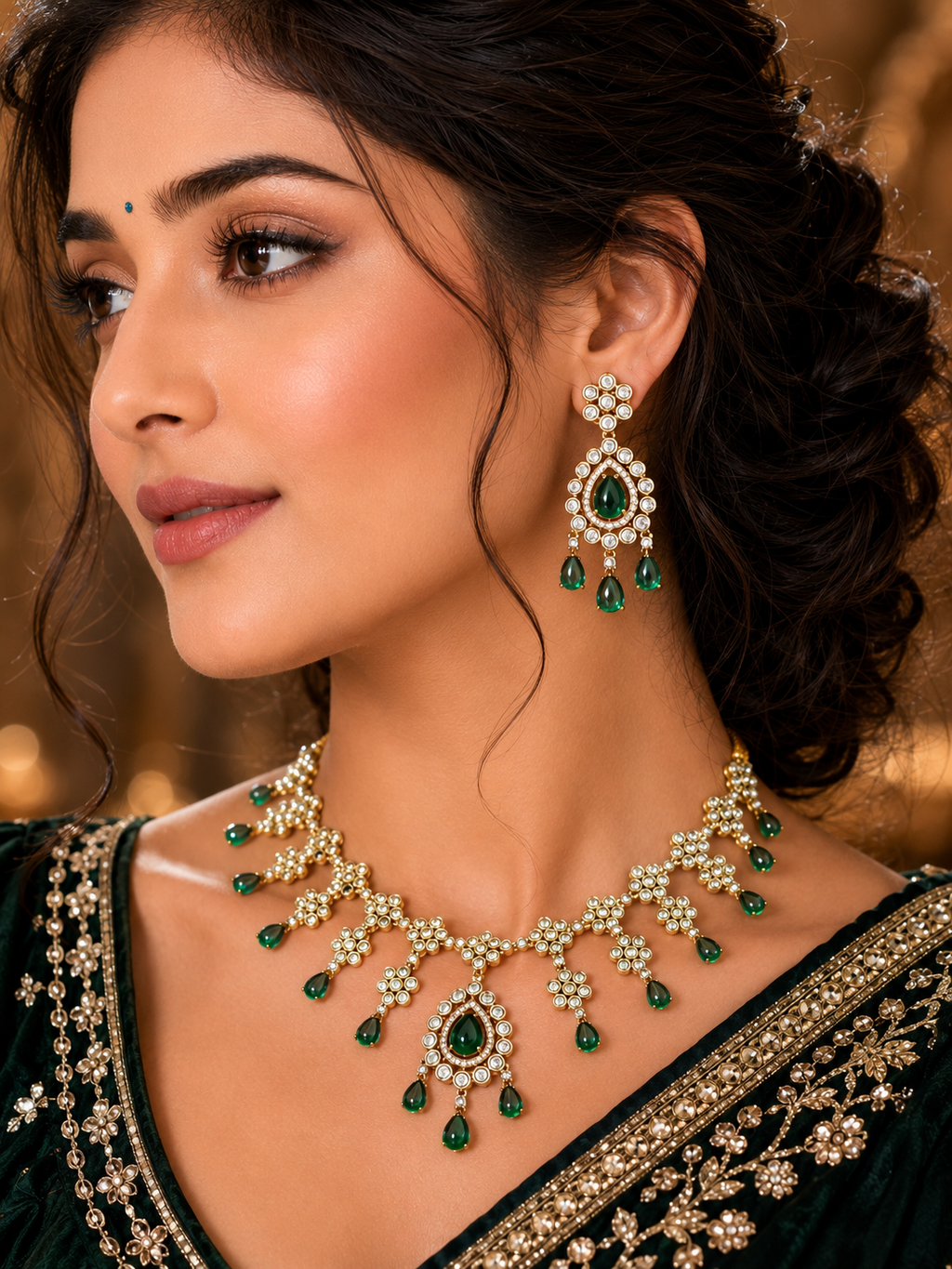 Ankuna Emerald Pearl Teardrop Necklace Set with Earrings
