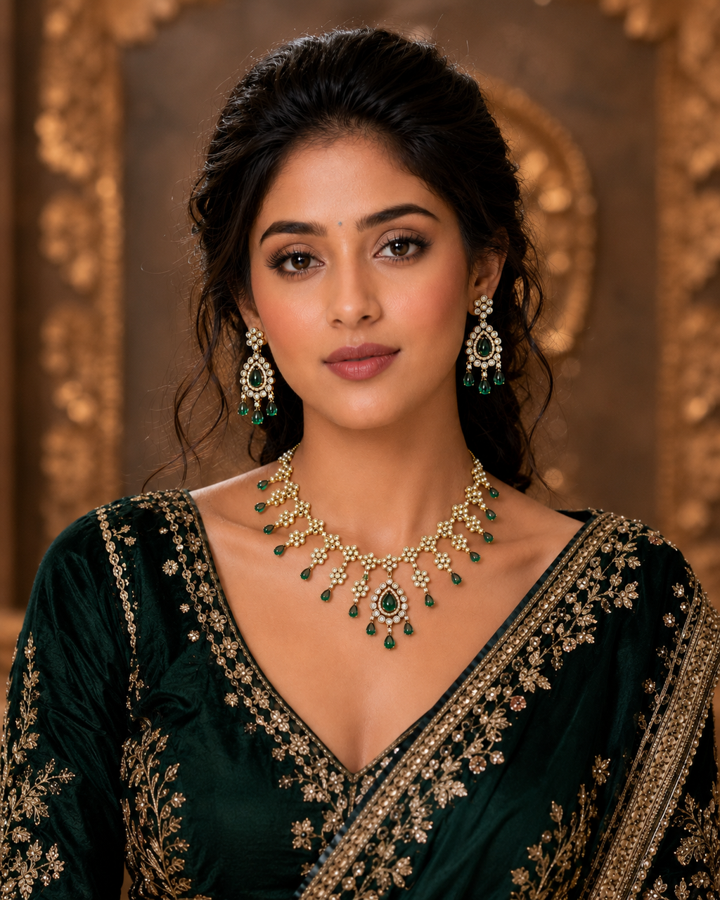 Ankuna Emerald Pearl Teardrop Necklace Set with Earrings