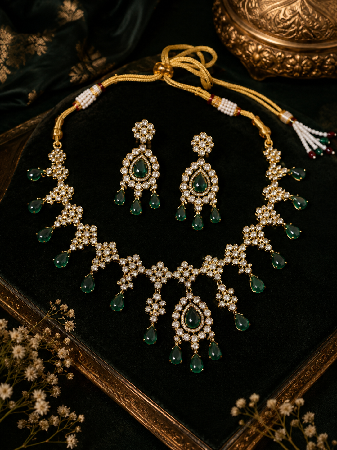 Ankuna Emerald Pearl Teardrop Necklace Set with Earrings