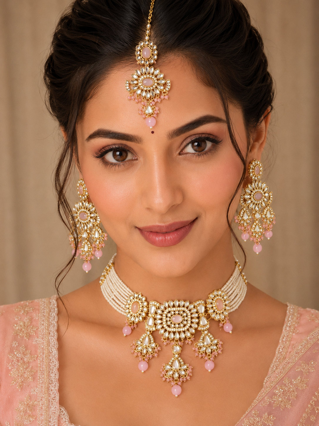 Ankuna Blush Pearl Floral Choker Necklace Set