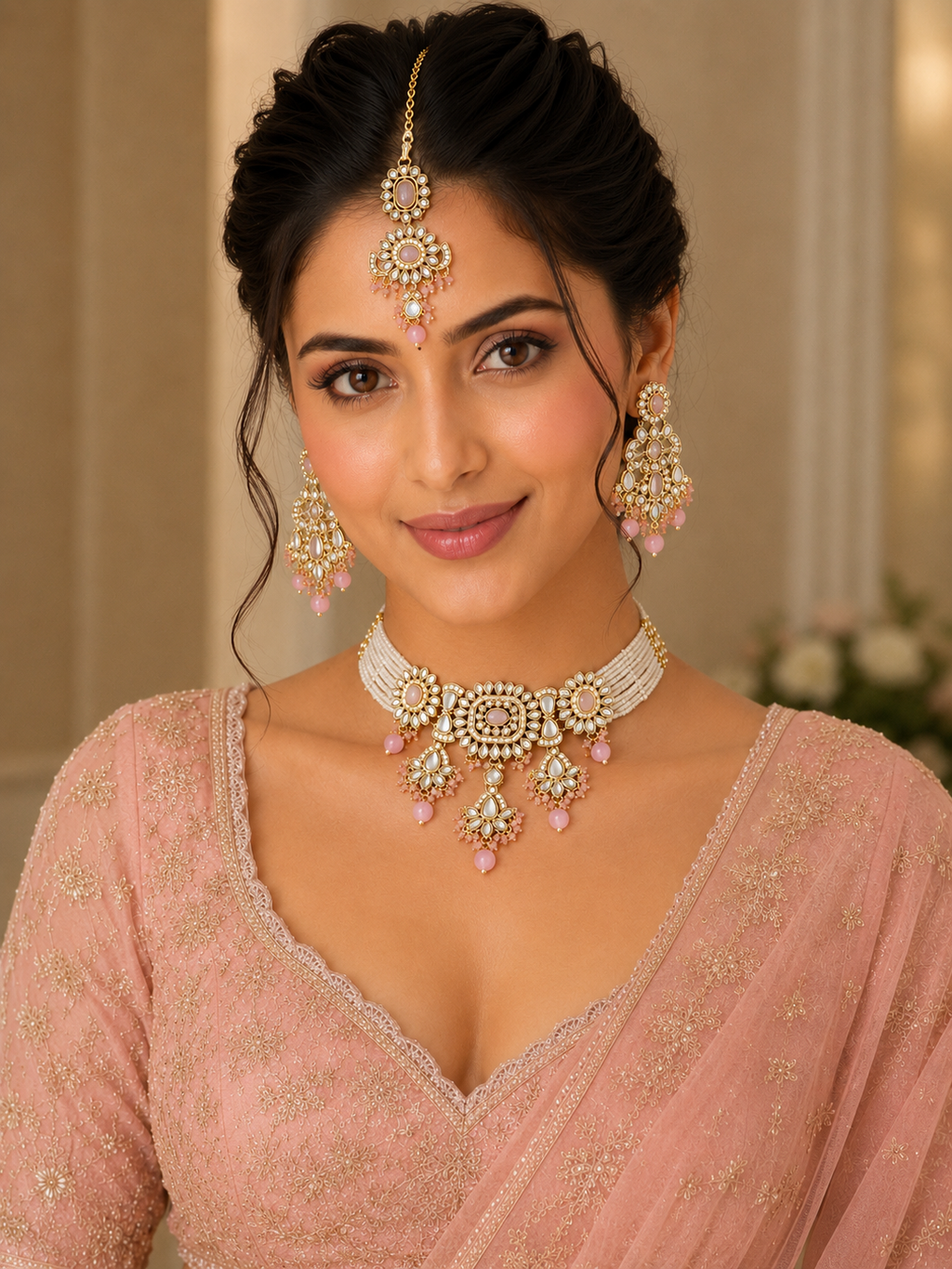 Ankuna Blush Pearl Floral Choker Necklace Set