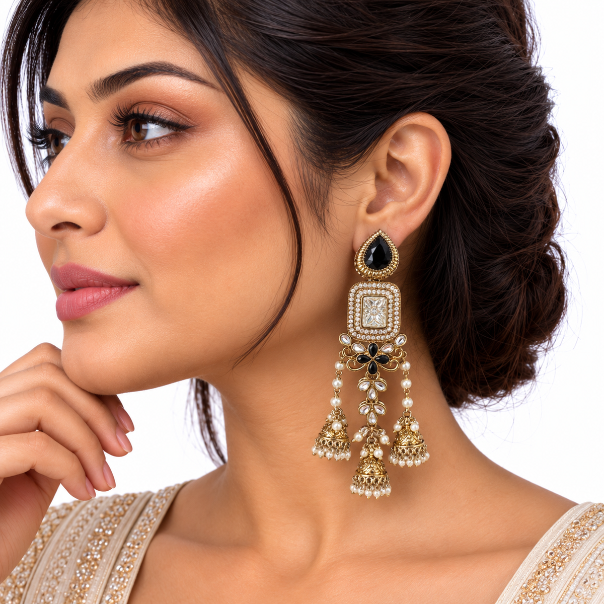 Gold Black Stone Pearl Jhumka Drop Earrings for Women