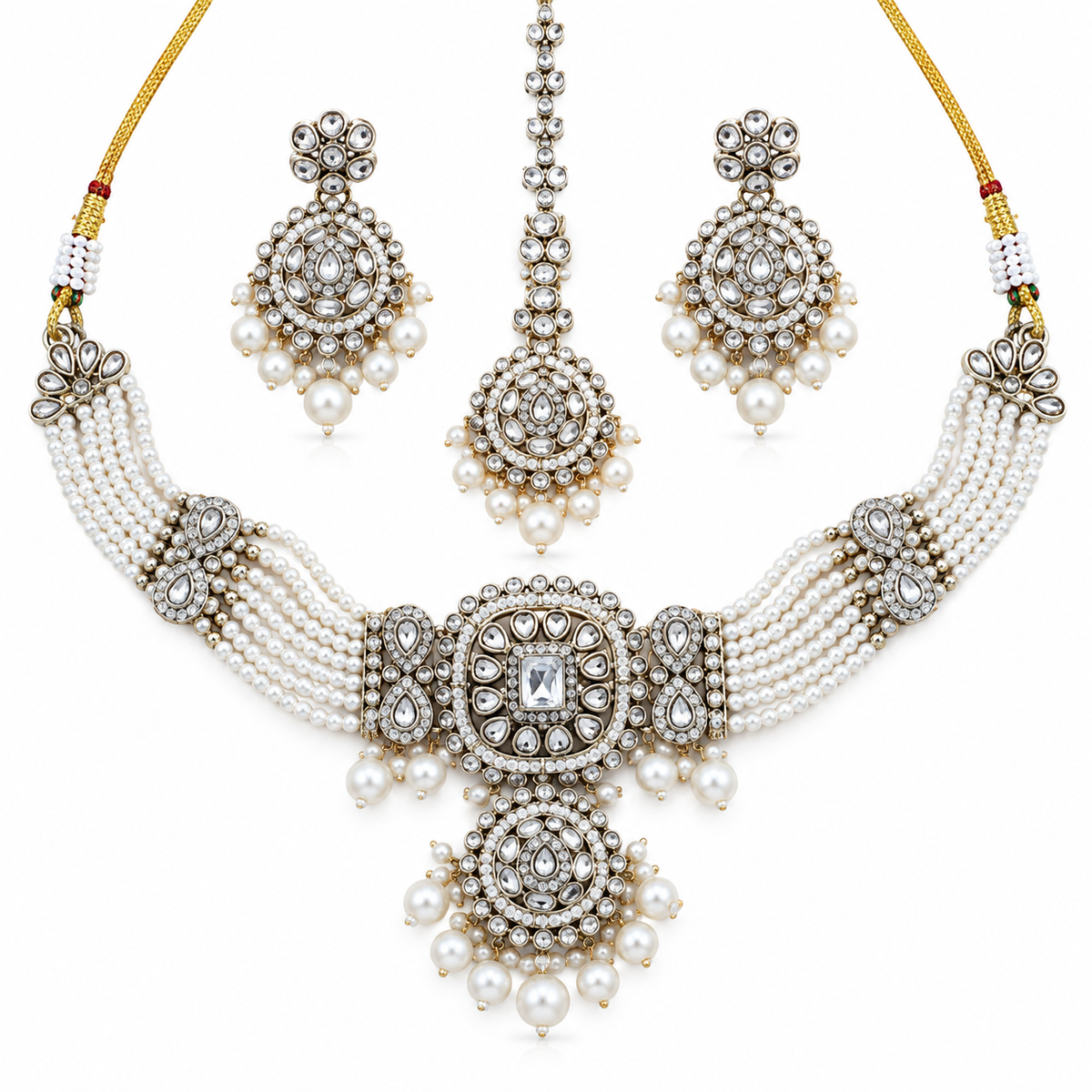 Layered Pearl Polki Necklace Set with Bridal Earrings