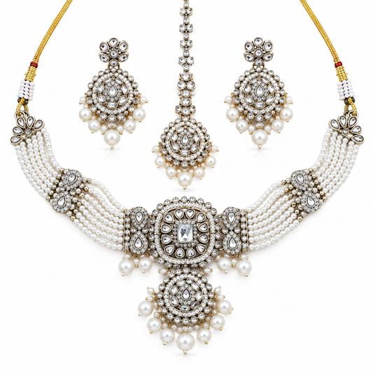 Layered Pearl Polki Necklace Set with Bridal Earrings