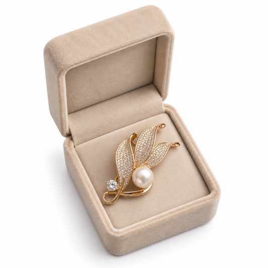 Elegant Gold Leaf Pearl Crystal Brooch