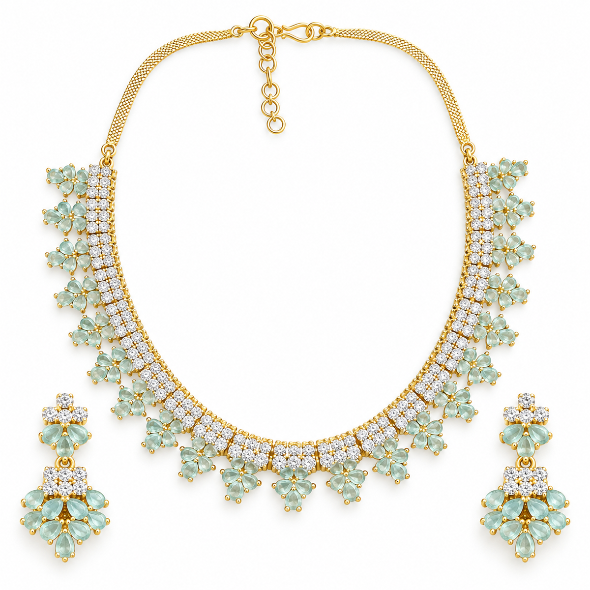 Mint Green Stone Gold Necklace Set With Floral Earrings