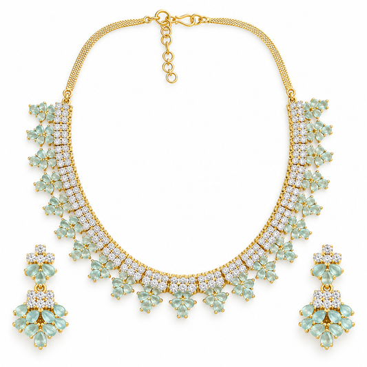 Mint Green Stone Gold Necklace Set With Floral Earrings