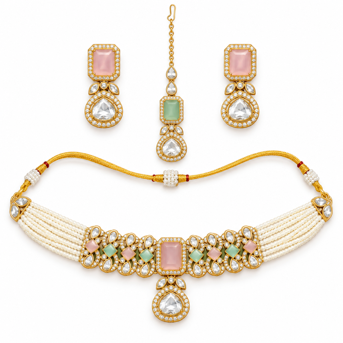 Pastel Kundan Pearl Choker Set With Statement Tikka