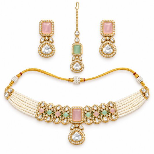 Pastel Kundan Pearl Choker Set With Statement Tikka
