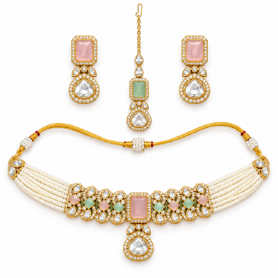 Pastel Kundan Pearl Choker Set With Statement Tikka