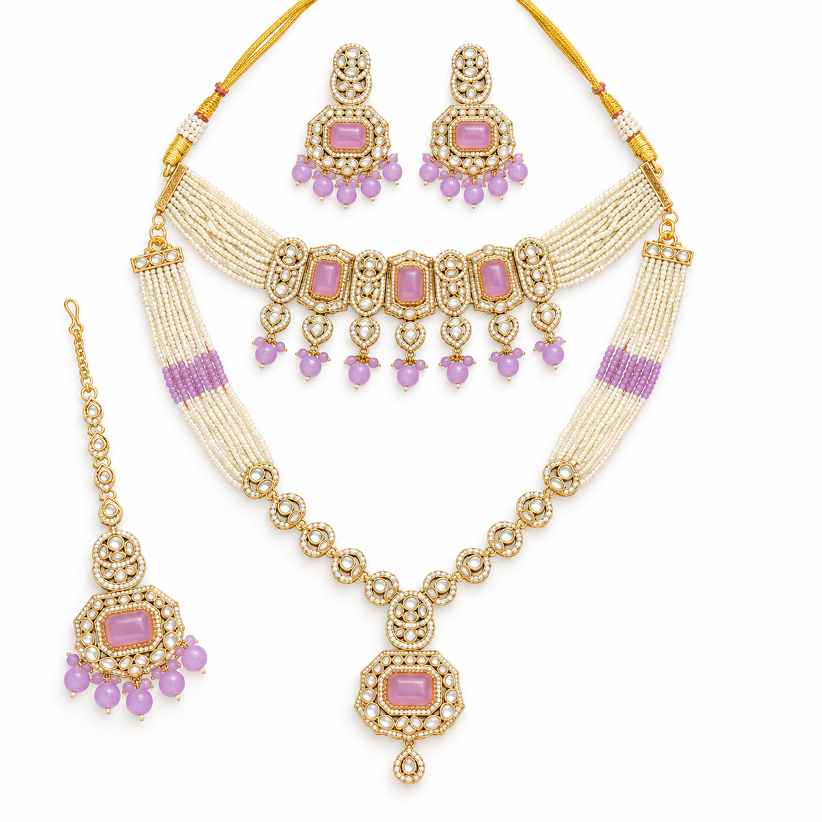 Pastel Pearl Gold Necklace Set With Jhumka Earrings