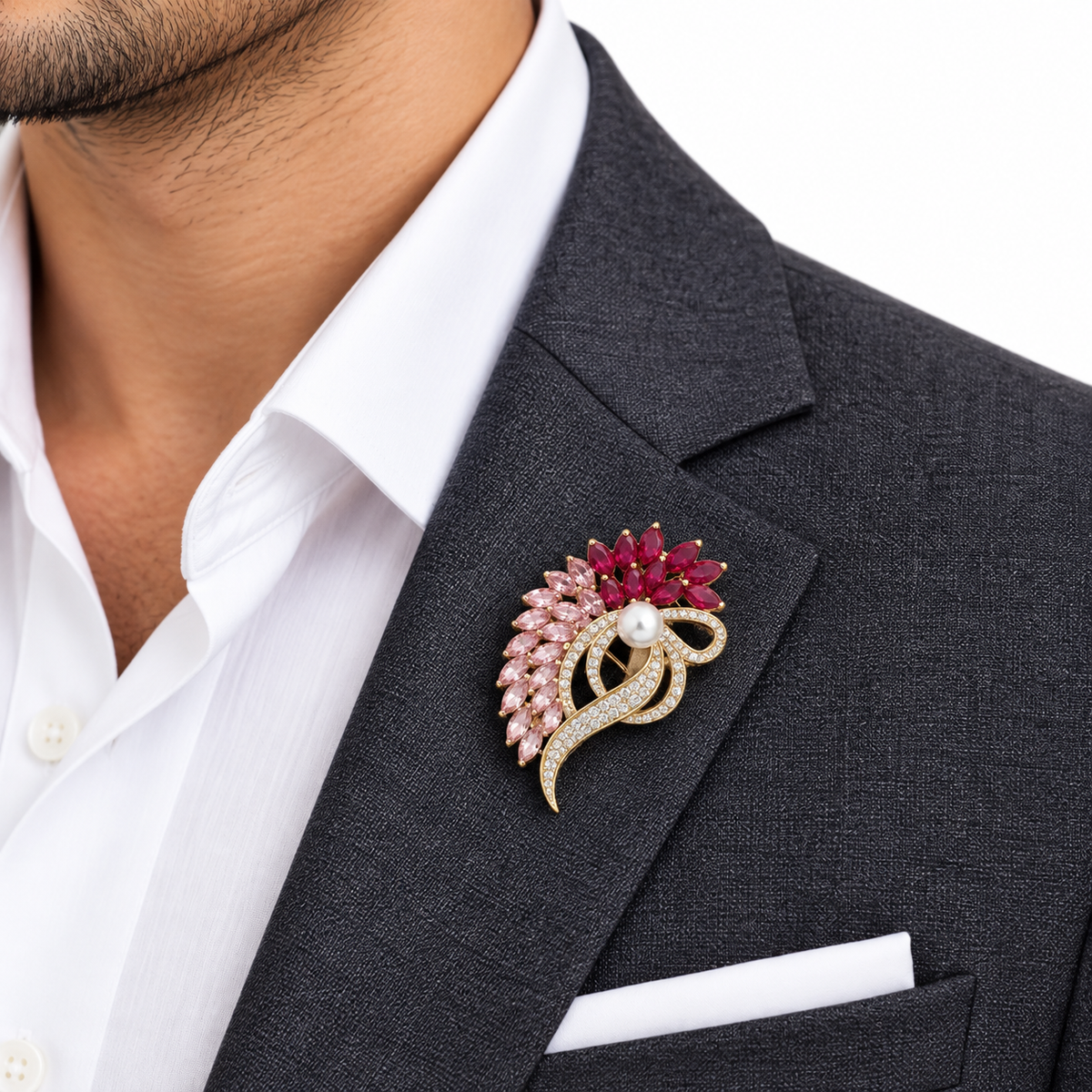 Elegant Pink Crystal Peacock Pearl Brooch