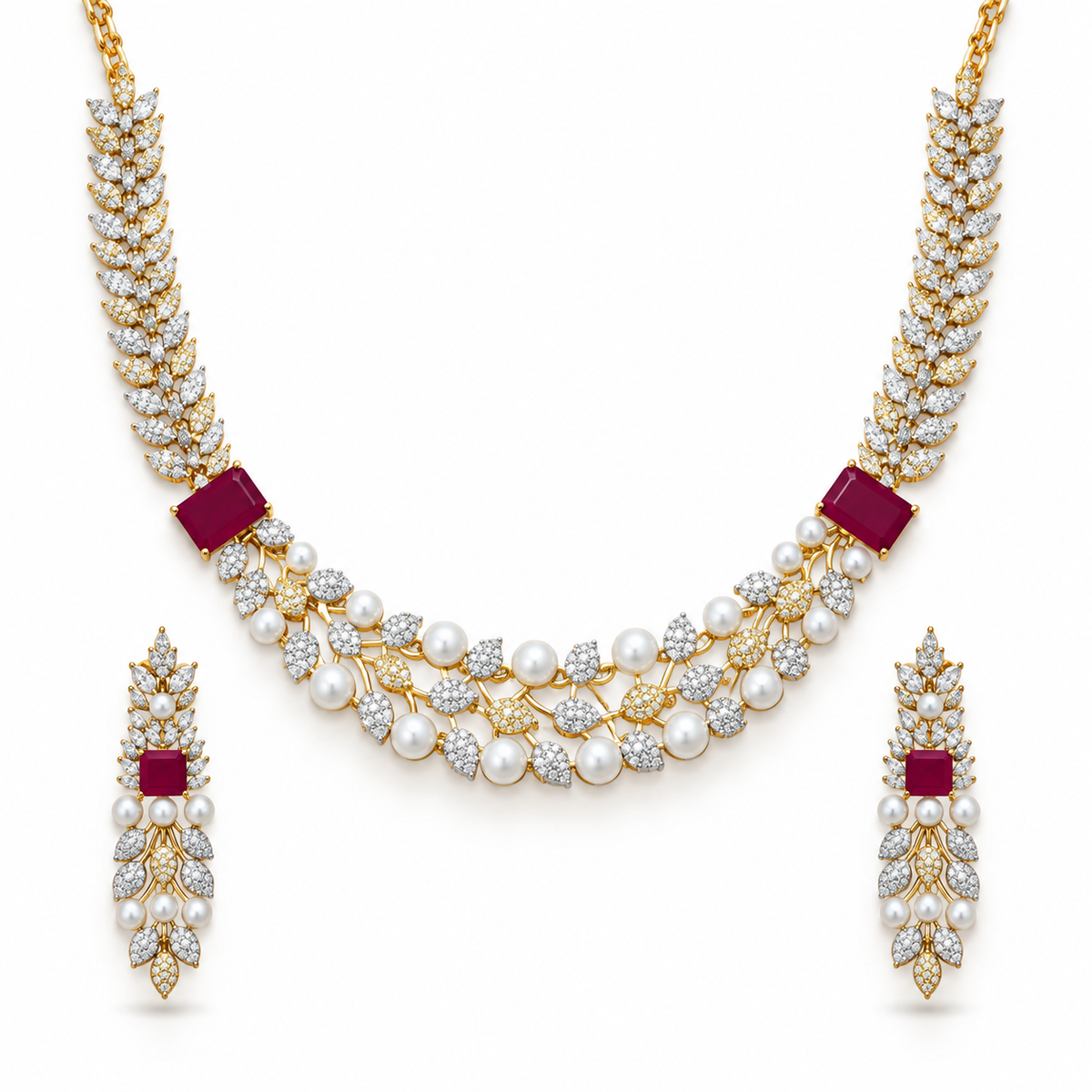 Pearl Ruby Gold Necklace Set With Leaf Design Earrings