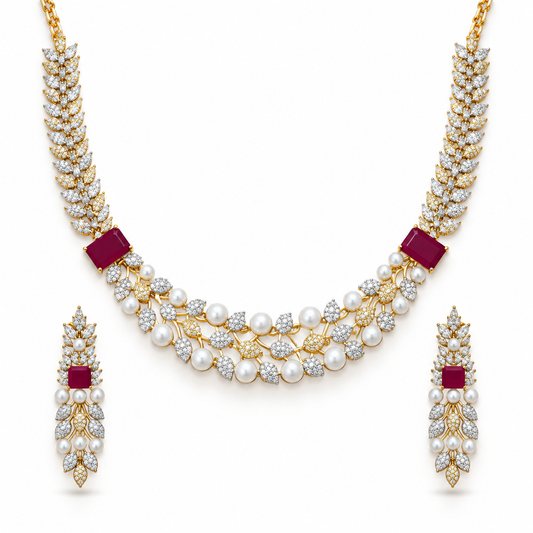 Pearl Ruby Gold Necklace Set With Leaf Design Earrings